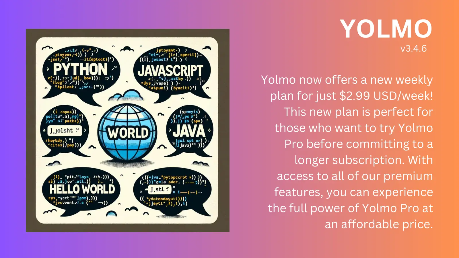 We're excited to announce that Yolmo now offers a new weekly plan for just $2.99 USD/week! This new plan is perfect for those who want to try Yolmo Pro before committing to a longer subscription. With access to all of our premium features, you can experience the full power of Yolmo Pro at an affordable price. Don't miss out on this exciting opportunity to take your productivity to the next level!